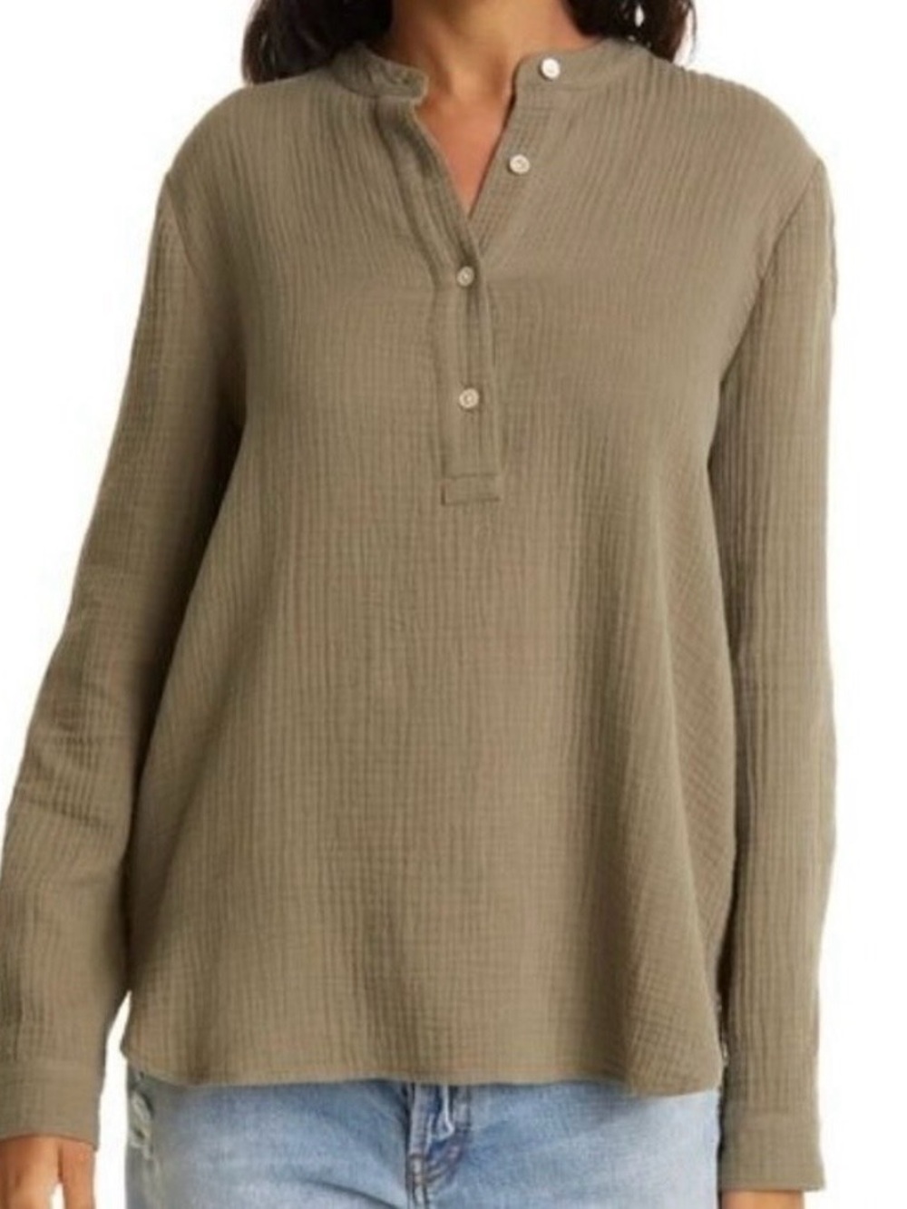 Jenni Kayne Cypress Cotton Henley Neck Long Sleeve Shirt Olive Sage Green Small